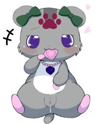 accessory amelie_(jewelpet) anthro anthro_only azuo blush bodily_fluids bow_ribbon condom condom_in_mouth cricetid female fur genital_fluids genitals grey_body grey_fur hair_accessory hair_ribbon hairbow hamster heart_symbol hi_res jewelpet jewelpet_(series) jewelpet_(species) jewelry mammal mouth_hold necklace object_in_mouth plump_labia presenting presenting_pussy purple_eyes pussy ribbons rodent sanrio sega sega_fave sega_toys sexual_barrier_device simple_background solo spread_legs spreading vaginal_fluids white_background white_body white_fur