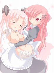 2girls amputee apron bandage blush breasts closed_eyes clothed_female_nude_female daizu0607 female hair maid multiple_females multiple_girls navel nipples nude open_mouth original pink_hair pussy quadruple_amputee red_eyes short_hair smile tied_hair twintails uncensored yuri