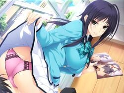 ass ass_cleavage blue_hair blush breasts brown_eyes butt_crack facesitting female game_cg highres iizuki_tasuku izumi_wakoto large_breasts long_hair looking_back lovely_x_cation_2 lying magazine panties school_uniform sitting skirt skirt_lift smile underwear