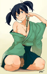 1girls arrow bare_shoulders between_breasts black_hair blue_eyes blue_hair blush breasts cleavage collarbone female green_eyes hair_ribbon haori japanese_clothes kantai_collection kimono large_breasts long_hair looking_at_viewer nipple_slip nipples object_between_breasts ribbon short_twintails single_glove sitting skirt smile solo souryuu_(kantai_collection) tied_hair twintails uno_ichi yugake