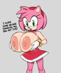 :o amy_rose anthro breast_grab breasts breasts_out dress dress_down dress_pull eyelashes female fingers grabbing_own_breast green_eyes hedgehog huge_breasts no_bra open_mouth panties pink_body pink_hair pulled_by_self shocked sonic_(series) sonic_the_hedgehog_(series) squidapple standing text topless