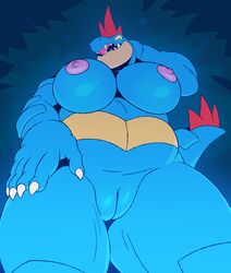 5_fingers anthro big_breasts blue_body blue_scales breasts claws crocodilian female feraligatr fingers genitals hi_res looking_at_viewer low-angle_view nintendo nipples nude pokémon_(species) pokemon pussy reptile scales scalie simple_background solo tderek99 thick_thighs video_games