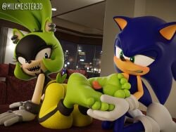 1boy 1girls 3d anthro barefoot clothed clothed_female clothed_female_nude_male clothing enemies_having_sex feet female foot_fetish foot_focus footjob furry kneeling milkmeister3d mobian_(species) penis soles sonic_(series) sonic_the_hedgehog sonic_the_hedgehog_(series) surge_the_tenrec toe_ring toes