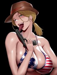 1girls american_flag american_flag_bikini big_breasts bikini blonde_hair blue_eyes breasts busty curvaceous curvy curvy_body curvy_female curvy_figure female gun handgun huge_breasts large_breasts naughty_face original original_character tongue tongue_out voluptuous yesman