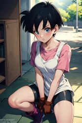 ai_generated black_hair blue_eyes boots clothed clothing dragon_ball dragon_ball_super dragon_ball_z female gloves outside pink_clothing pinkagapi shorts squatting tank_top videl