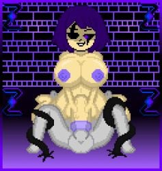 1boy 1futa balls big_breasts black_eyes bound_legs breasts dark_zixy docking futanari genderswap_(mtf) holding_penis huge_breasts intersex male original_character penis penis_in_penis pixel_art purple_eyes purple_hair purple_nipples purple_penis rule_63 self_upload tentacle tentacles_around_legs urethral_insertion urethral_penetration zixy