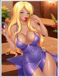 1girls big_breasts blonde_female blonde_hair blue_eyes carmen_(sexy_beaches) nutaku purple_dress sexy_beaches tan-skinned_female