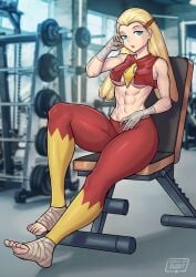 5_fingers 5_toes abs bandage blaziken blonde_hair blurry_background breasts clothes clothing excercise female female_only fit fit_female game_freak gen_3_pokemon gijinka hi_res highres looking_at_viewer nintendo no_bra pokemon pokemon_(species) redjet solo tight_clothing underboob weight_bench weights yoga_pants