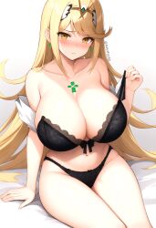 ai_generated aiartforall blonde_hair blush cleavage collarbone earrings huge_breasts large_breasts lingerie mythra navel pulled_by_self sitting thighs tiara xenoblade_(series) xenoblade_chronicles_2 yellow_eyes