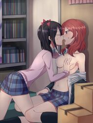 2girls against_wall aoki_shizumi armpits bare_shoulders black_hair blurry blush bookshelf box breast_grab breasts cardboard_box closed_eyes couple depth_of_field door female french_kiss indoors kissing kneeling love_live! love_live!_school_idol_project midriff multiple_girls naked_shirt navel nishikino_maki off_shoulder on_floor open_clothes open_mouth open_shirt red_hair saliva saliva_trail school school_uniform shirt sitting skirt tied_hair tongue topless twintails wariza yazawa_nico yuri