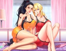 2girls bella big_breasts black_hair blonde_hair condom long_hair nipples_visible_through_clothing no_bra no_panties no_underwear nutaku pink_dildo pink_lipstick purple_eyes pussy_visible_through_clothes red_lingerie sexy_beaches sheer_tank_top tied_hair veronica yellow_eyes yellow_lingerie