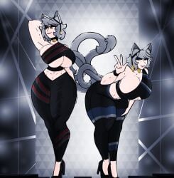 2futas amazon amber_eyes animal_ears big_ass big_breasts big_hips big_penis breasts catgirl cleavage clothed clothing curvy duo ear_tuft erection erection_under_clothes fully_clothed futa_only futanari grey_fur grey_hair high_heels huge_cock humanoid humanoid_penis identical_twins interlocked_tails jakearmorsmith kemonomimi leaning_forward light-skinned_futanari light_skin mascara meena menta muscles penis posing posing_for_the_viewer smiling standing stretching thick_thighs tight_clothing twins wide_hips