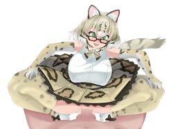 1boy big_breasts big_penis blush cat_ears female glasses green_eyes kemono_friends kemono_killer male/female margay_(kemono_friends) reverse_cowgirl_position sex short_hair simple_background straight tail thick_thighs vaginal_penetration