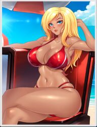 1girls big_breasts blonde_female blonde_hair blue_eyes carmen_(sexy_beaches) nutaku on_beach sexy_beaches tan-skinned_female