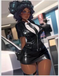 1girls artist_request belt belt_buckle big_breasts big_lips bimbo_lips black_hair blue_eyes dark-skinned_female dark_skin dick_sucking_lips eva_(sexy_beaches) female female_focus fully_clothed melanin miniskirt nutaku police_uniform policewoman sexy_beaches shiny_clothes skirt tagme thick_lips tight_clothing tight_skirt uniform