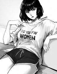 1girls 2d adult adult_female artist_name big_breasts black_and_white black_hair breast_outline breasts casual_clothes english_text esper female female_only fubuki_(one-punch_man) graphic_tee gym_shorts heroine human human_female human_only light-skinned_female light_skin looking_at_viewer missfaves mostly_clothed no_sex one-punch_man pointing pointing_at_self realistic_breast_size realistic_proportions short_hair short_hair_female short_shorts shorts sitting solo solo_female straight_hair superheroine t-shirt table tabletop thick thick_female thick_thighs thighs young_woman