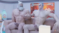 2boys balls bara barazoku beard grey_hair imminent_anal imminent_sex light-skinned_male light_skin male male/male male_only mature mature_male muscular muscular_male old_man older_male overwatch overwatch_2 penis reinhardt sigma_(overwatch) txddy3d white_hair