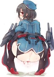 7010 ass beret black_hair breasts female fingering from_behind garter_belt hat high_heels highres kantai_collection large_breasts looking_back masturbation military military_uniform no_panties pussy_juice pussy_juice_drip red_eyes saliva shoes short_hair solo squatting sweat takao_(kantai_collection) thighhighs tiptoes uniform