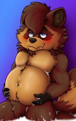 anthro aroused belly bent_legs big_belly bite_mark_on_breast black_hands bloated blue_background blue_eyes bodily_fluids body_fur brown_body brown_fur cum cum_inside cum_on_body cum_on_ground eye_roll fur genital_fluids hands_on_belly head_tuft hi_res inflation joaquin_quaty male mammal muscular muscular_male neck_tuft pregnant pregnant_male procyonid raccoon raccoon_tail red_cheeks rjquaty saliva simple_background sitting solo spread_legs spreading tuft