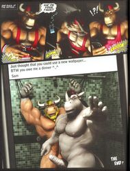 3boys 3d anthro anthro_on_anthro anthro_only beard biceps big_muscles big_penis black_hair blonde_hair bondage bound bovine braford cattle caught cellphone clothing dialog english_text erection facial_hair furry furry_only gaming gay hair male nipples no_humans nude oscar_(character) pecs penis phone text