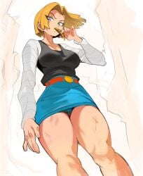 1girls android_18 blonde_hair bloop blue_eyes busty dragon_ball dragon_ball_z eating jean_skirt light-skinned_female light_skin looking_down looking_down_at_viewer skirt thick_thighs thighs