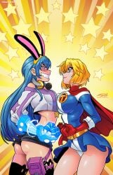 2girls ass blonde_hair blue_eyes blue_hair blush breast_size_difference breasts_to_breasts bunny_ears bunny_ears_(cosmetic) cat_thighighs costume darkereve female female_only freakier_than_normal hi_res long_hair looking_at_each_other miyuki/mia reference reference_work smiling smiling_at_each_other superheroine thick_thighs thighhighs tomorrow_girl underass