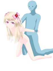 1boy arm_grab blonde_hair blue_skin chaos_marie_(grimms_notes) collarbone colored_skin female gradient_hair grimms_notes hair_ribbon heart heart-shaped_pupils highres kneeling long_hair multicolored_hair nipples nude pink_eyes r18terminal ribbon sex simple_background straight symbol-shaped_pupils white_background