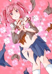 1girls blush doki_doki_literature_club embarrassed embarrassed_underwear_female embarrassed_undressed_female euf female female_only human merlu_ccius natsuki_(doki_doki_literature_club) pink_bra pink_eyes pink_hair pink_panties ripped_clothes ripped_clothing school_uniform solo torn_clothes torn_jacket torn_shirt torn_skirt underwear undressed wardrobe_malfunction