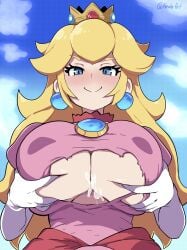 1girls :> after_paizuri big_breasts blonde_hair blue_eyes blush boob_window breast_hold breasts busty crown cum cum_on_breasts dress earrings grabbing_own_breast healerart large_breasts mario_(series) naughty_face princess_peach ripped_clothing self_fondle smile