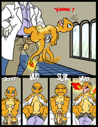 2013 blue_eyes bulge charmander closed_eyes clothed clothing comic english_text erection female fire hair human josemalvado looking_at_viewer male nintendo nude open_mouth orange_body penetration penis pokémon_(species) pokemon pokephilia pussy samuel_oak sex size_difference smile tail tail_fire text tongue tongue_out video_games