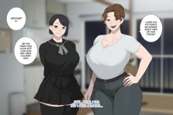 2girls [sora]_buranku big_breasts dialogue english english_text female female_only girlfriend huge_breasts indoors inside large_breasts looking_at_viewer mature_female milf mother multiple_girls ntrman pov pov_eye_contact soraoraora text unseen_character