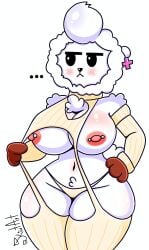 bibi_(brawl_stars) bibi_rj_(brawl_stars) brawl_stars breasts female furry kiut_arts partially_clothed pierced_nipples piercings rj_(bt21) solo white_body white_fur white_hair