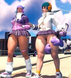 . 2girls bottomless female fortnite leelah_(fortnite) multiple_girls public pussy skulrot99 thick_thighs walking yuki_(fortnite)