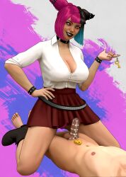 1boy 1girls alternate_costume chastity chastity_cage chastity_device dominant_female eyebrow_piercing female female_domination femdom juri_han male malesub r1ce school_uniform_juri street_fighter two_tone_hair