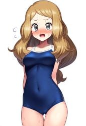 1girls ai_generated alternate_costume arms_behind_back ass_visible_through_thighs blonde_hair blush cameltoe embarrassed grey_eyes light_brown_hair long_hair looking_at_viewer medium_breasts navel_visible_through_clothes nintendo novelai one-piece_swimsuit open_mouth pokemon pokemon_xy school_swimsuit self_upload serena_(pokemon) serena_(pokemon_games) sidelocks standing swimsuit thigh_gap