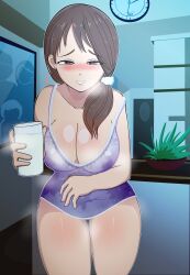 blush breasts brown_eyes brown_hair cleavage cup female heart-shaped_pupils huge_breasts lactation lingerie looking_at_viewer mature_female milf onibi original plump solo