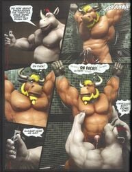 3d abs balls beard biceps big_balls big_muscles black_hair blonde_hair bondage bound bovine braford cattle closed_eyes comic dialog electrostimulation english_text erection facial_hair gay hair male mohawk muscles nipples nude pecs penis precum red_hair rhinoceros sex sex_toy standing sweat text uncut