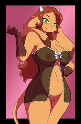 anthro areola assertive babydoll big_breasts blush bovine breasts brown_fur brown_hair cattle closed_mouth edit erect_nipples female green_eyes hair las_lindas lingerie long_hair looking_at_viewer mora_linda nipples nude plain_background pussy skimpy smile solo standing translucent