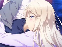 blonde_hair blue_eyes blush censored face fellatio female game_cg highres iizuki_tasuku jacket kneeling long_hair looking_back lovely_x_cation_2 night oral pants penis saliva sky standing tear yoshinoya_seine