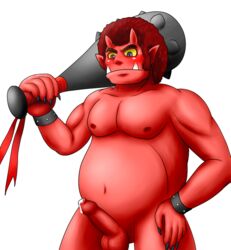 1boy 7nulls afro akaoni bara blush buff club_(weapon) cum cum_drip erection fangs hi_res horns male male_only muscles nude penis pretty_cure red_oni red_skin shy smile_precure solo transparent_background uncut