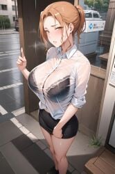 ai_generated atm-dragon big_breasts bra_visible_through_clothes huge_ass huge_breasts large_breasts looking_at_viewer mature_female milf office_lady orange_hair pencil_skirt rain raining see-through see-through_clothing see-through_shirt sweaty_clothes tachibana-san-chi_no_dansei_jijou tachibana_kyouka thick_thighs thighs wet_clothes wet_clothing wet_shirt yellow_eyes