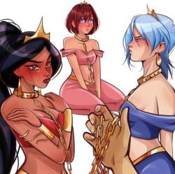 2024 3girls aladdin aladdin_(1992_disney_film) aqua_(kingdom_hearts) blush collar disney female harem_outfit kairi kingdom_hearts kururu418 leash leash_and_collar leashed_collar looking_at_viewer petite princess princess_jasmine questionable_consent seductive_look white_background