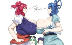 4girls annoyed annoyed_expression big_breasts blue_eyes blue_hair breast_press breasts breasts_bigger_than_head cleavage clothed_female comparing eiki_shiki green_hair hat huge_breasts jiangshi komachi_onozuka light-skinned_female looking_at_breasts mature_female milf omikami red_eyes red_hair seiga_kaku sideboob touhou twintails watermark white_background yoshika_miyako zombie_girl