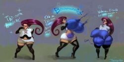 1girls alternate_body_type alternate_breast_size bbw big_hair blueberry_inflation breast_expansion breasts dialogue fat female female_only full_body gigantic_breasts hair_slicked_back jessie_(pokemon) jigglywiggly pokemon pokemon_(anime) red_hair sequence skin_color_change skin_turning_blue solo standing thigh_boots weight_gain
