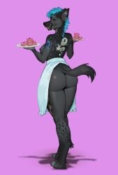 anthro apron apron_only ass black_body black_fur black_hair blue_hair bodily_fluids breasts canid cannie cephalopod clothing coleoid cum cum_on_face dessert doughnut ear_piercing ear_ring female food fur genital_fluids hair hi_res humanoid_hands hyena looking_at_viewer magna_nsfw mammal marine mollusk mostly_nude multicolored_body multicolored_fur multicolored_hair nipples octopodiform octopus paws piercing plates rear_view ring_piercing simple_background smile solo tail tattoo tongue two_tone_body two_tone_hair