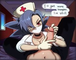 blue_hair cock gloved_handjob gloves handjob hospital nurse nurse_cap nurse_uniform red_eyes sasmyass skullgirls valentine valentine_(skullgirls)