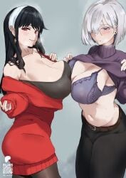 2girls belt big_breasts black_hair black_pants blush bottomwear bra breast_to_breast breasts cleavage clothing ear_piercing earrings female female_only fiona_frost hair hair_over_one_eye huge_breasts lace lace-trimmed_bra lace_trim leggings lingerie long_hair mature mature_female mature_woman milf noriko_(ni_noriko) pants purple_bra purple_eyes purple_sweater red_eyes red_sweater spy_x_family steam steamy_breath sweat sweatdrop sweater sweater_lift topwear white_hair yor_briar