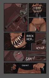 black_eyes blush bottomless breath_cloud buckshot_roulette comic comic_panel dealer_(buckshot_roulette) gun male_only penis_out pointing_gun sharp_teeth shotgun twistedxteeth twitching_penis