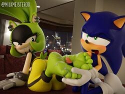 1boy 1girls 3d anthro barefoot clothed clothed_female clothed_female_nude_male clothing cum cum_on_feet ejaculation enemies_having_sex feet female foot_fetish foot_focus footjob furry kneeling milkmeister3d mobian_(species) penis soles sonic_(series) sonic_the_hedgehog sonic_the_hedgehog_(series) surge_the_tenrec toe_ring toes