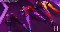 3d 3girls buttplug chocolate_and_vanilla dark-skinned_female dark_skin female female_only light-skinned_female light_skin multiple_girls overwatch overwatch_2 overwatch_buttplug presenting presenting_hindquarters pussy sex_toy sfm_hood sombra spread_legs stretching symmetra tracer